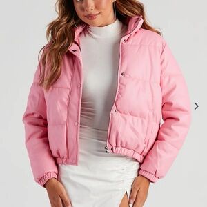 Pink faux leather puffer jacket